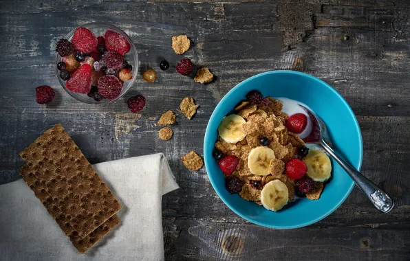 Picture berries, raspberry, strawberry, bananas, bowl, fruit, napkin, cereal