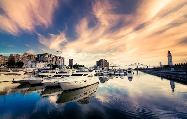Picture the sky, bridge, the city, river, building, home, yachts, boats