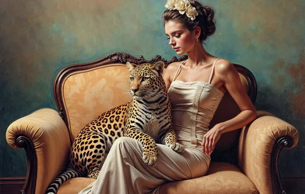 Girl, pose, leopard, AI art, neural network