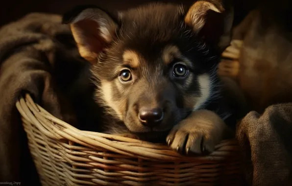 Look, portrait, dog, baby, puppy, fabric, face, basket