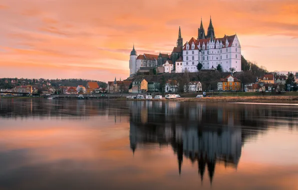The sky, the city, reflection, castle, shore, home, morning, Germany