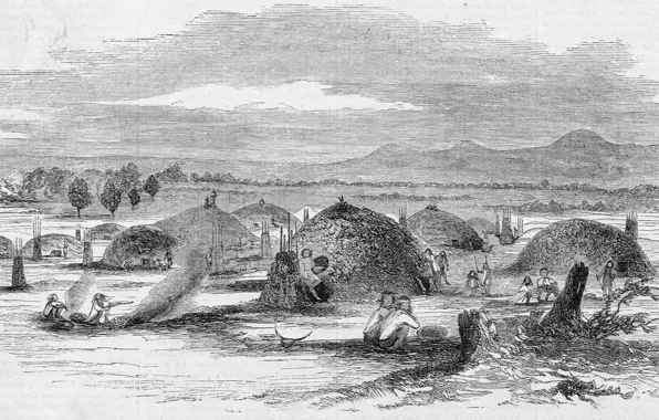 Black and white, California. Illustration from Gleason's Pictorial, Native American 'rancheria' in Yuba City, 1852., …