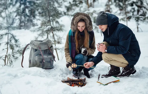Winter, girl, snow, trees, fire, stay, map, pair