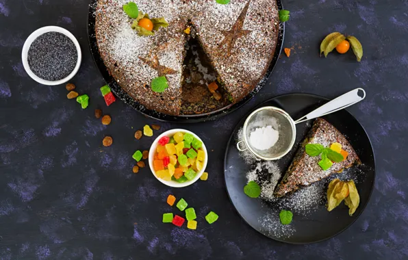 Mac, pie, dessert, powdered sugar, raisins, candied