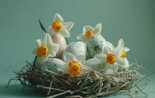 Flowers, holiday, eggs, bouquet, Easter, daffodils