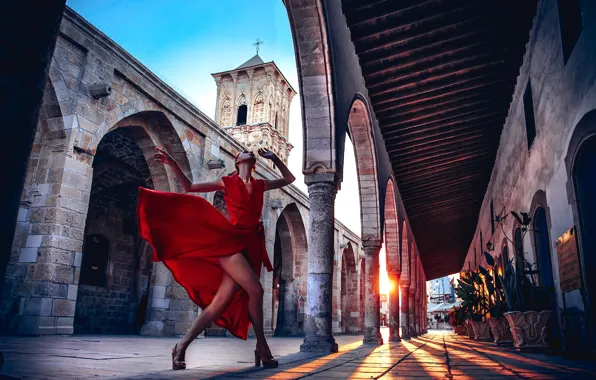 Girl, mood, dance, dress, Church, architecture, red dress, Cyprus