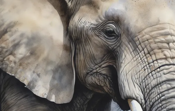 Look, face, close-up, elephant, portrait, watercolor, painting, imitation of watercolor