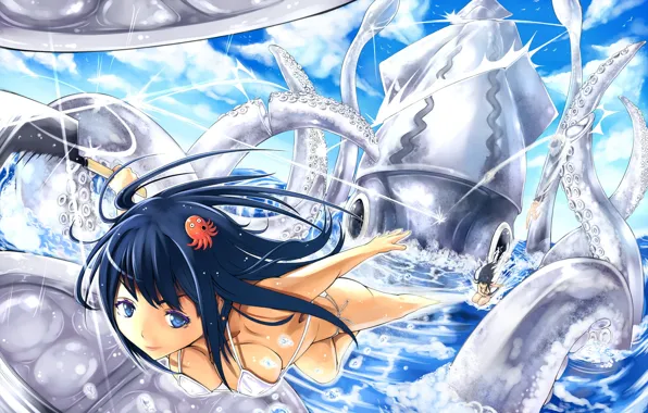 Picture sea, the sky, water, clouds, drops, weapons, girls, anime