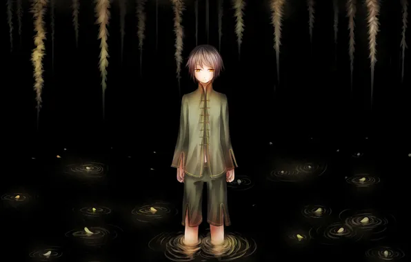 Water, plant, anime, petals, art, guy, ryaku-ko