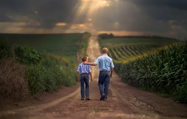 Picture road, field, father, space, son, Farm Boys