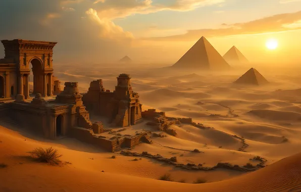 The sun, light, desert, the building, dal, slope, fantasy, columns