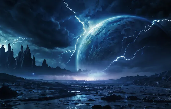 The storm, mountains, fiction, rocks, zipper, planet, another world, pond