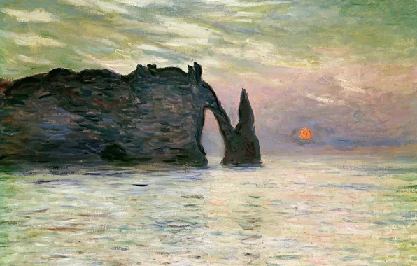 Sea, landscape, picture, Claude Monet, Manport. Rock in Etretat. Sunset