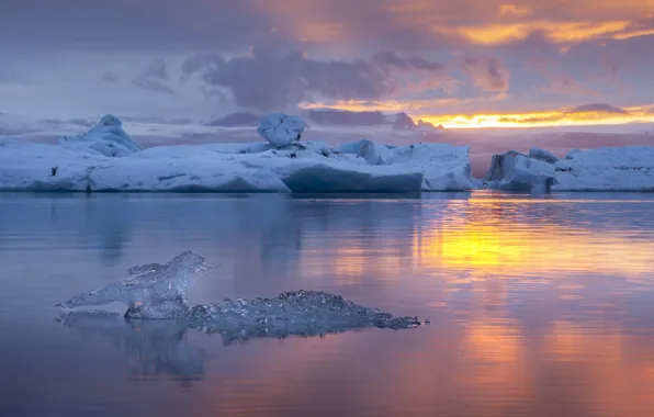 Winter, the sky, the sun, light, sunset, glacier, ice, ice
