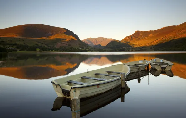 The sky, sunset, mountains, lake, boat