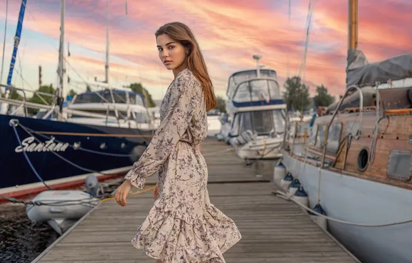 Picture look, girl, pose, yachts, pier, dress, Oleg Vadimovich, Julia Sheling