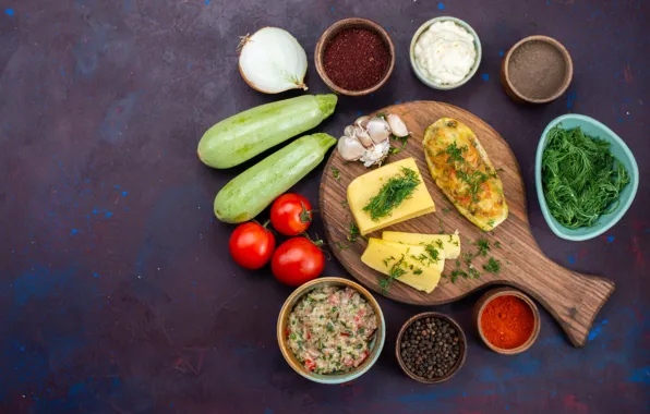 Greens, food, chicken, cheese, bow, dill, meat, vegetables