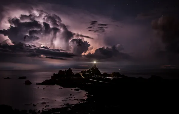 Night, clouds, lighthouse, moonlight, the English channel, Channel Islands, the island of Jersey