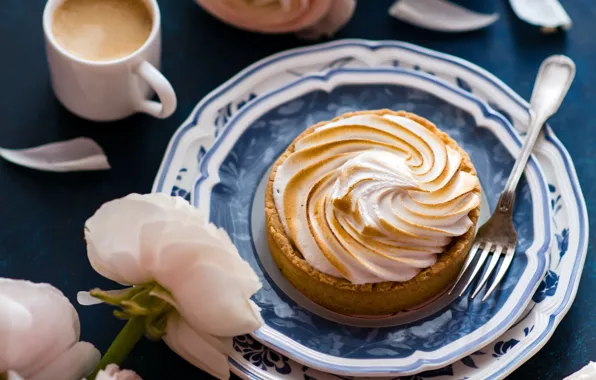 Coffee, Cup, peonies, meringue, tart