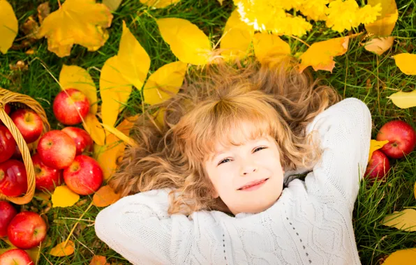 Autumn, leaves, apples, child, autumn, child, apples