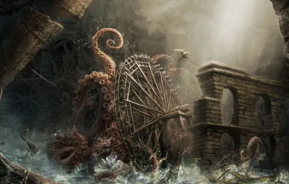 Monster, wheel, art, octopus, tentacles, arch, Kraken