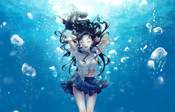 Girl, bubbles, anime, art, form, schoolgirl, under water, reito6