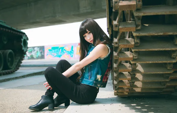 Picture pose, jeans, Asian, vest