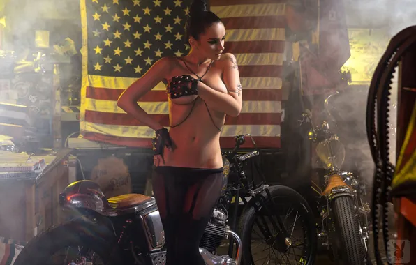 Girl, style, garage, playboy, brunette, motorcycle, Jenya D, Katie Fey