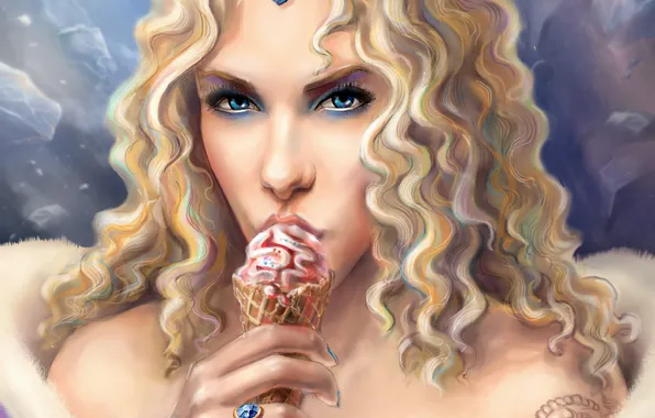 Girl, ring, tattoo, art, ice cream, pendant, curls, Crystal Maiden