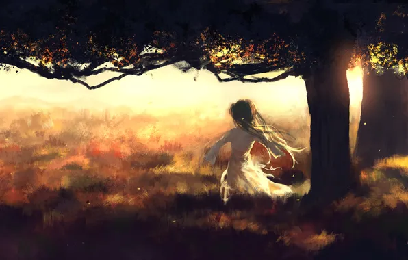Girl, sunset, nature, tree, anime, art, sombernight