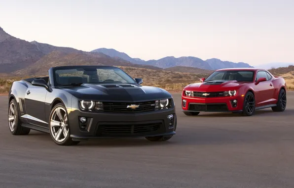 Picture the sky, mountains, red, black, coupe, convertible, Chevrolet, muscle car