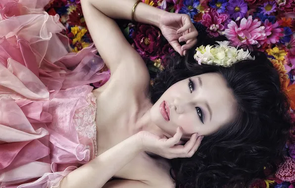Girl, flowers, face, hair, makeup, dress, lies, bracelet