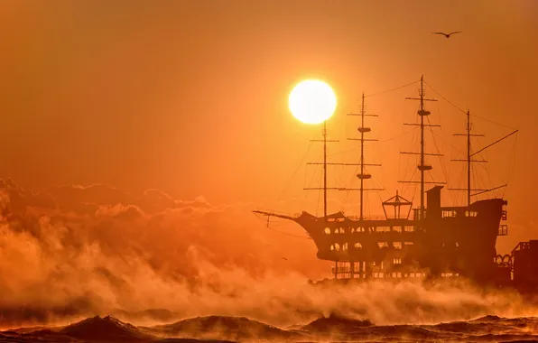 Picture sea, sunset, ship, III