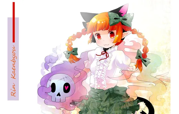 Skull, red, bows, braids, cat ears, white blouse, Touhou Project, Rin Kaenbyou