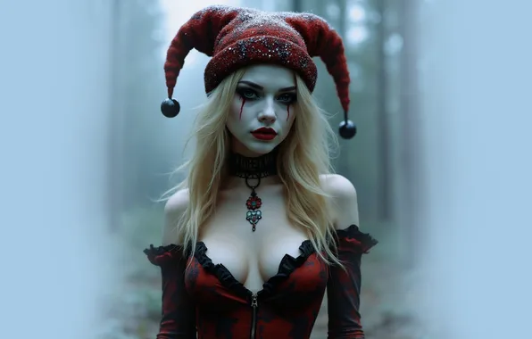 Girl, hat, blonde, jester, bells, neuroart, neural network, ai art
