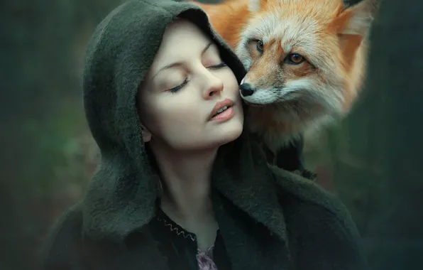 Picture girl, mood, Fox, hood, red