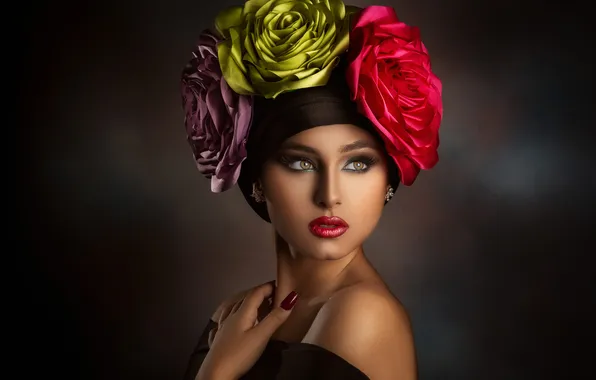 Look, girl, flowers, face, the dark background, hand, portrait, roses