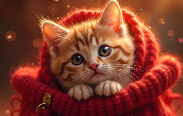 Cat, look, red, pose, kitty, legs, scarf, red