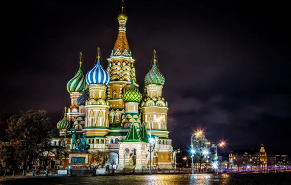 Night, lights, lighting, Moscow, St. Basil's Cathedral, Moscow, Red Square, monument to Minin and Pozharsky