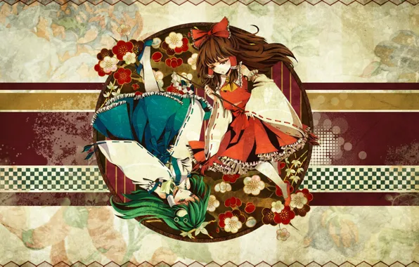 Flowers, round, green hair, Kochi Have Done The Art, Hakurei Reimu, Touhou Project, chess square, …