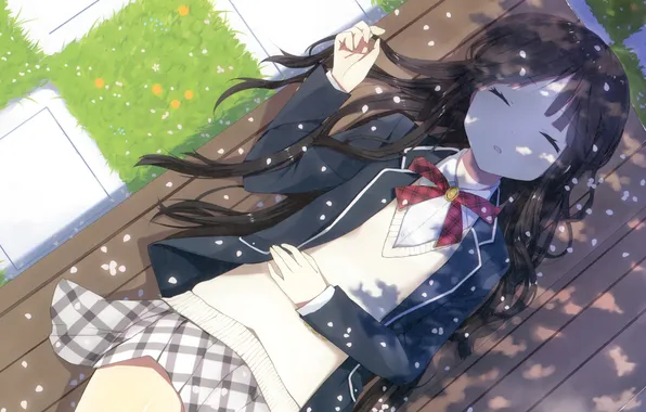 Grass, girl, bench, skirt, anime, petals, art, schoolgirl