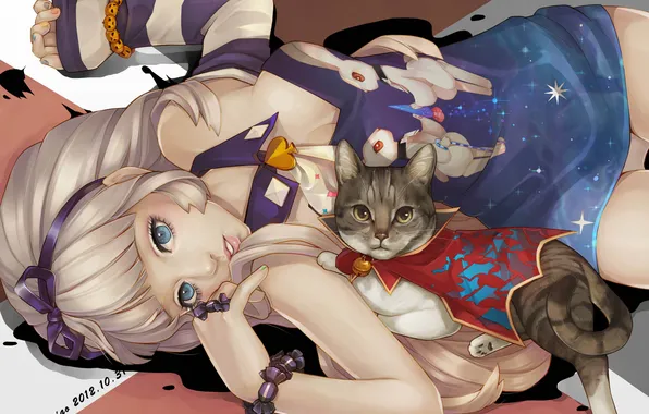 Cat, girl, joy, mood, lies, bow, art, dong xiao