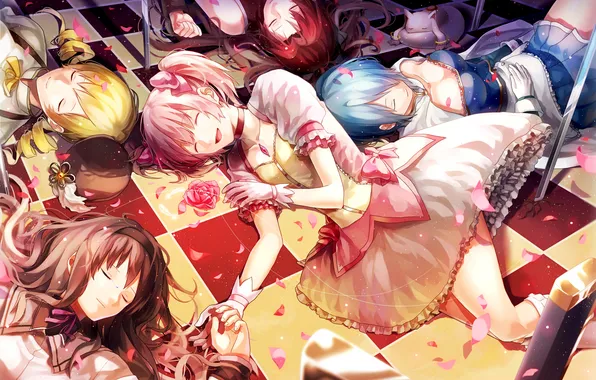 Flower, smile, girls, rose, anime, petals, art, sleep