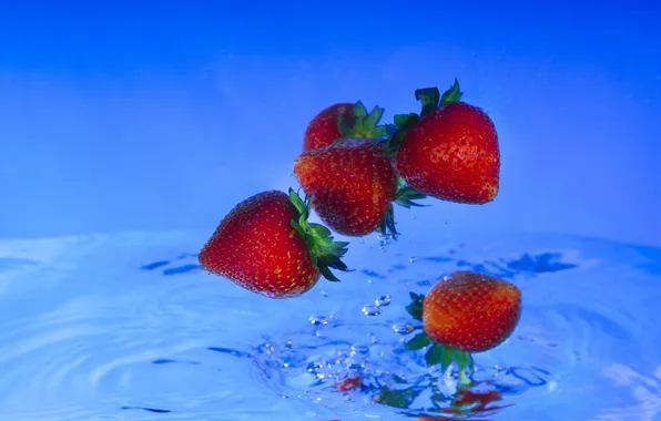 Picture water, drops, blue, berries, splash, strawberry