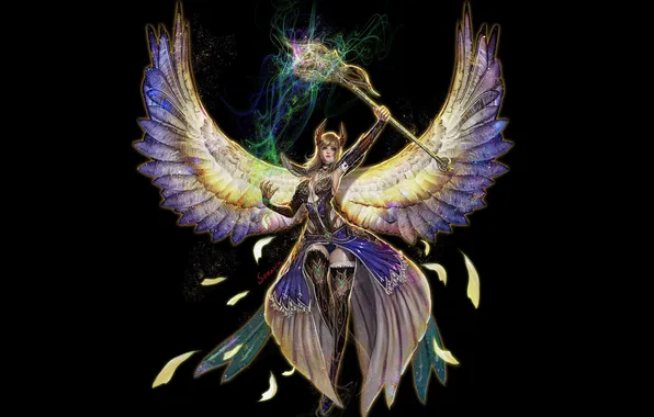 Erotic, girl, magic, wings, art, staff, black background, Youngmin suh