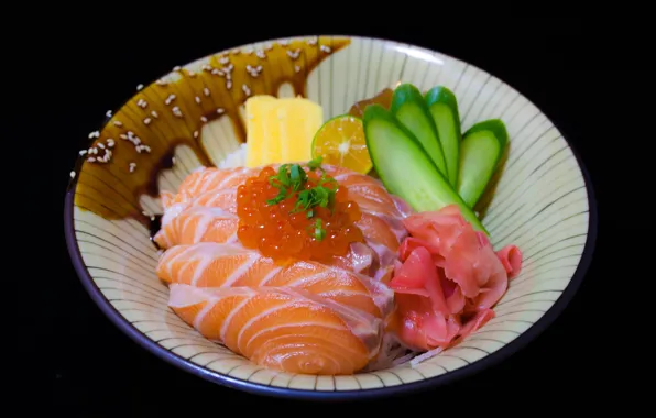 Food, fish, cucumber, plate, caviar, sesame, ginger, soy sauce