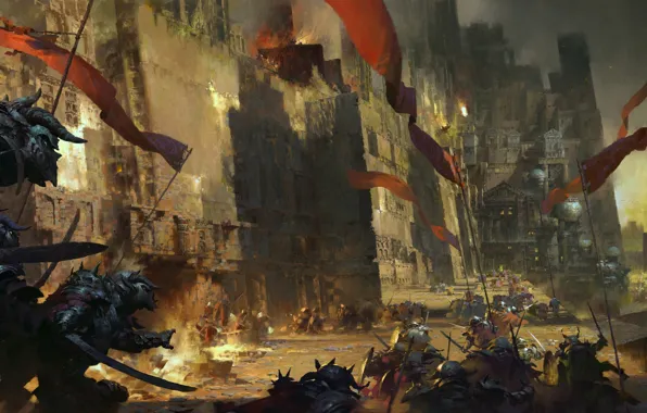Picture wall, creatures, tower, flags, fortress, storm, guild wars 2, evil