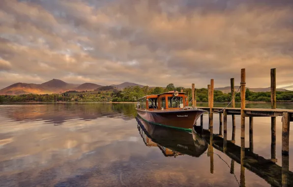 Clouds, mountains, lake, boat, England, pier, Keswick
