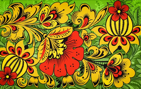 Flowers, Pattern, Style, Background, Painting, Art, Khokhloma, Khokhloma painting
