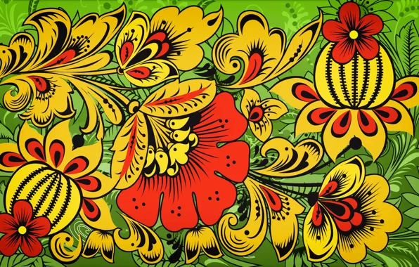 Flowers, style, background, pattern, art, painting, Khokhloma, Khokhloma painting